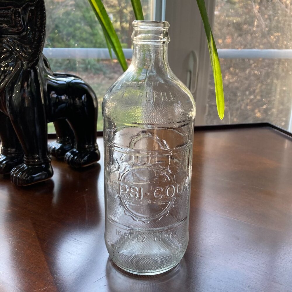 Vintage Pepsi Cola, 16oz Clear Bottle, Double Embossed Logos, Anchor Hocking 60s